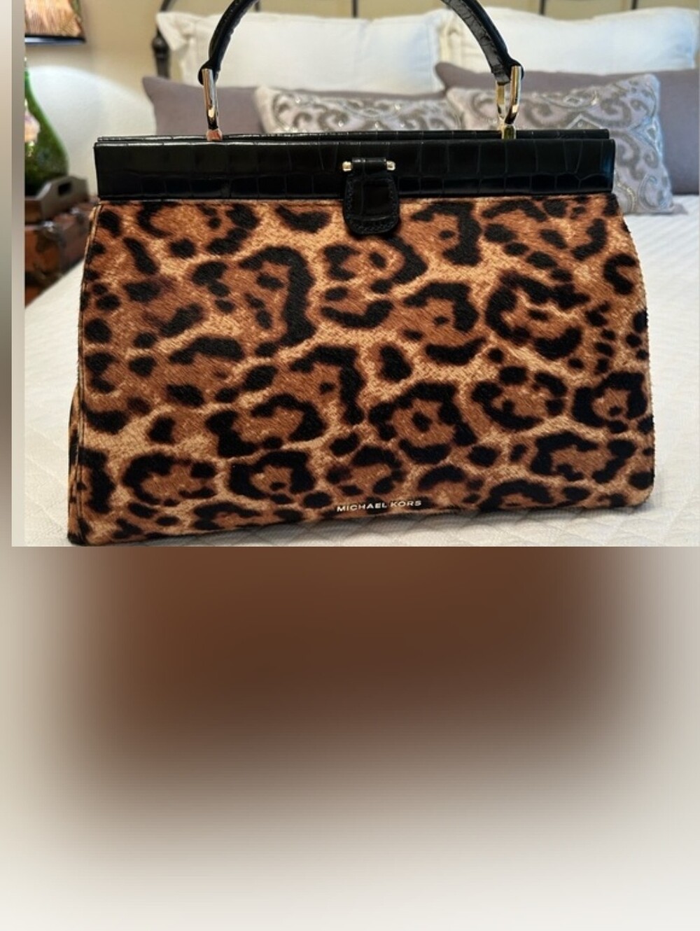 Michael Kors Leopard Print Satchel with Black Trim and Gold Hardware - Picture 2 of 11